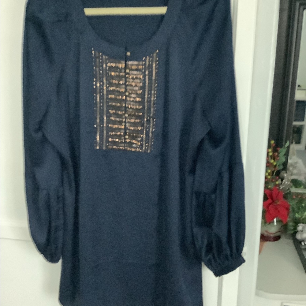 Chico's Navy Blue Blouse with Gold Accents